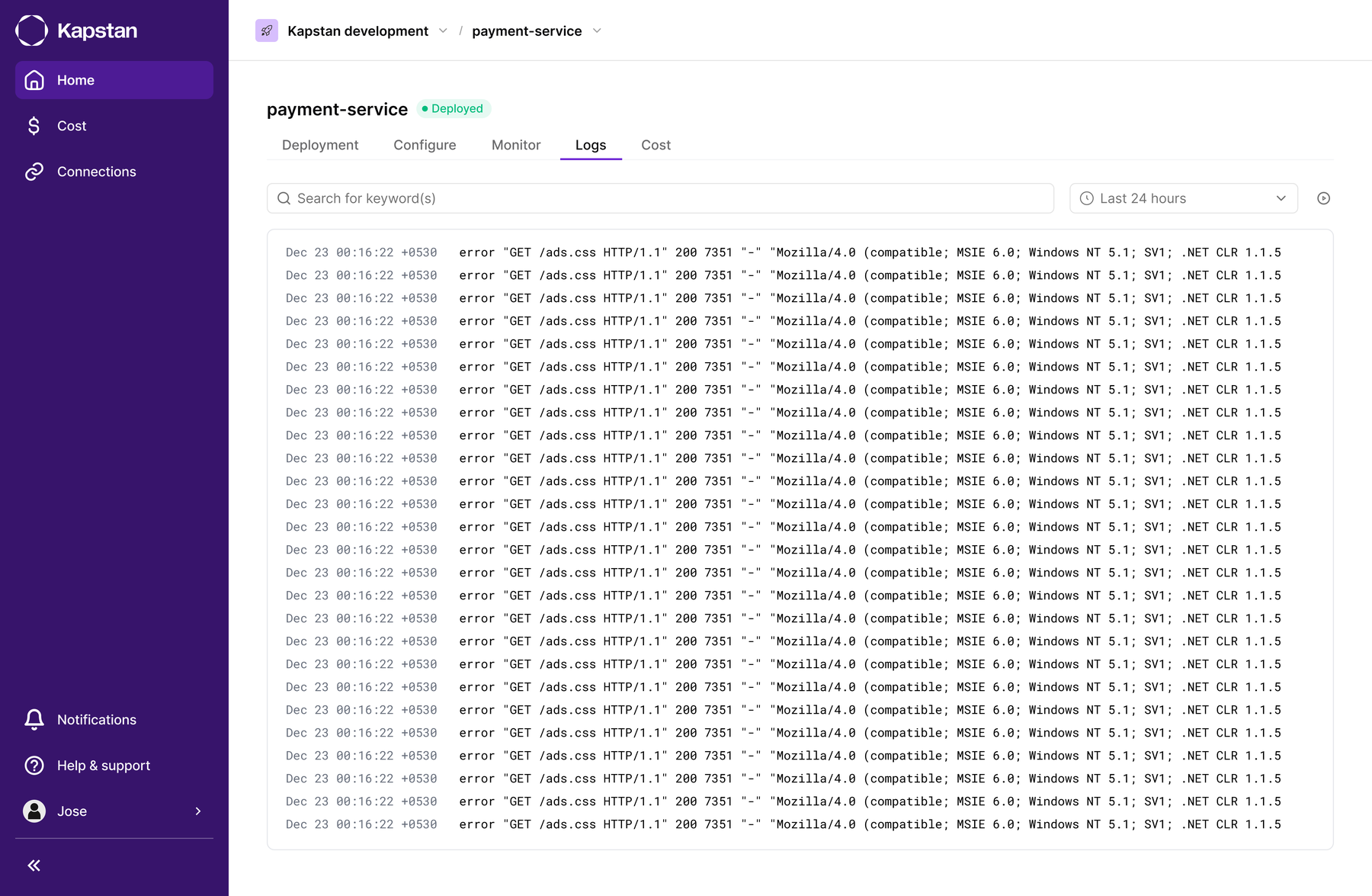 Logs tab showing a centralized log stream