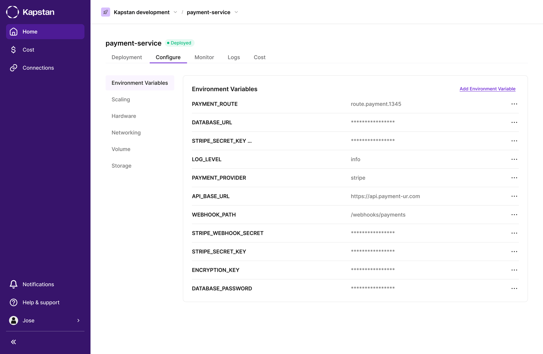 Configure tab showing environment variables
