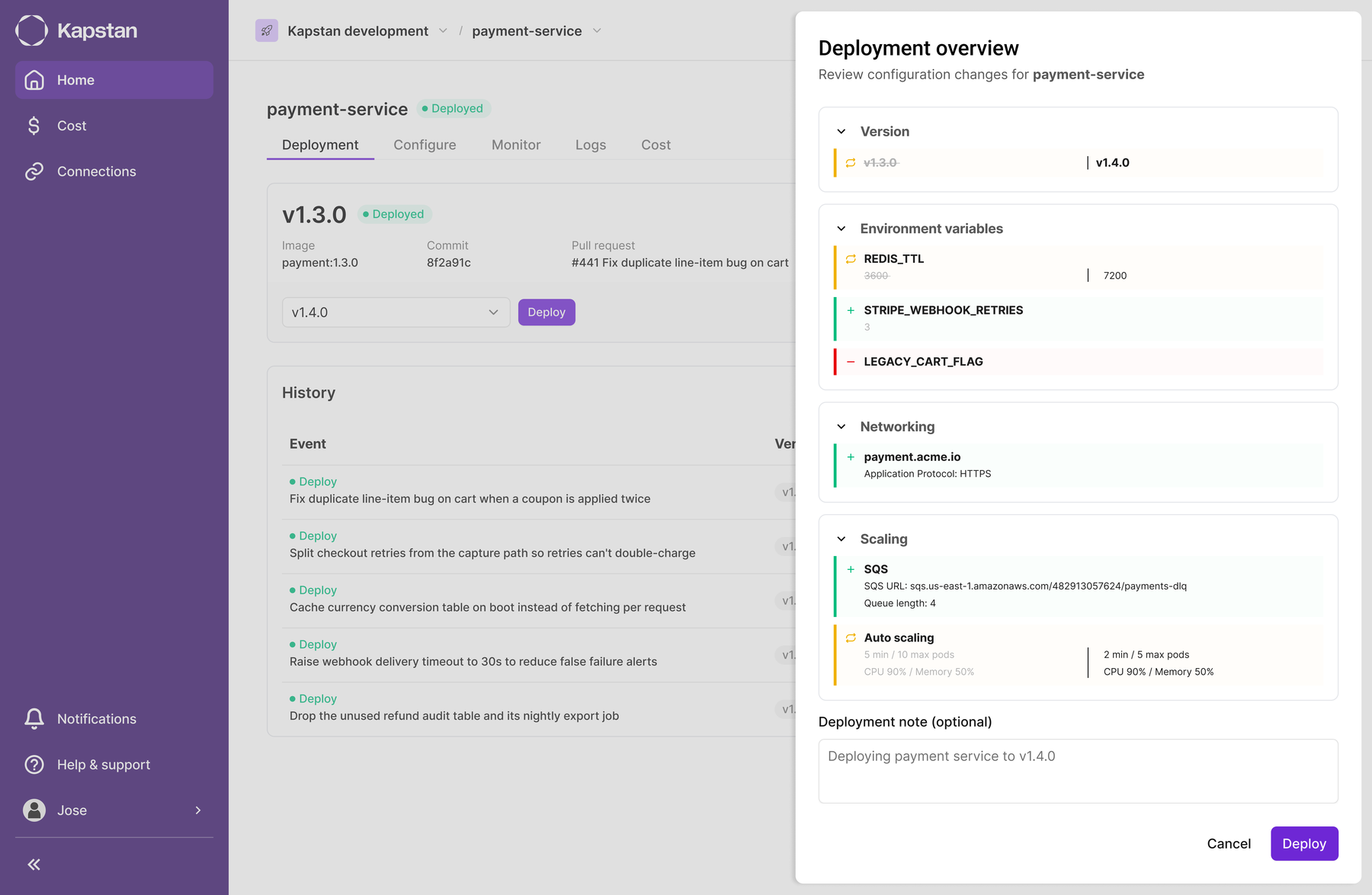 Deployment overview drawer with configuration diff