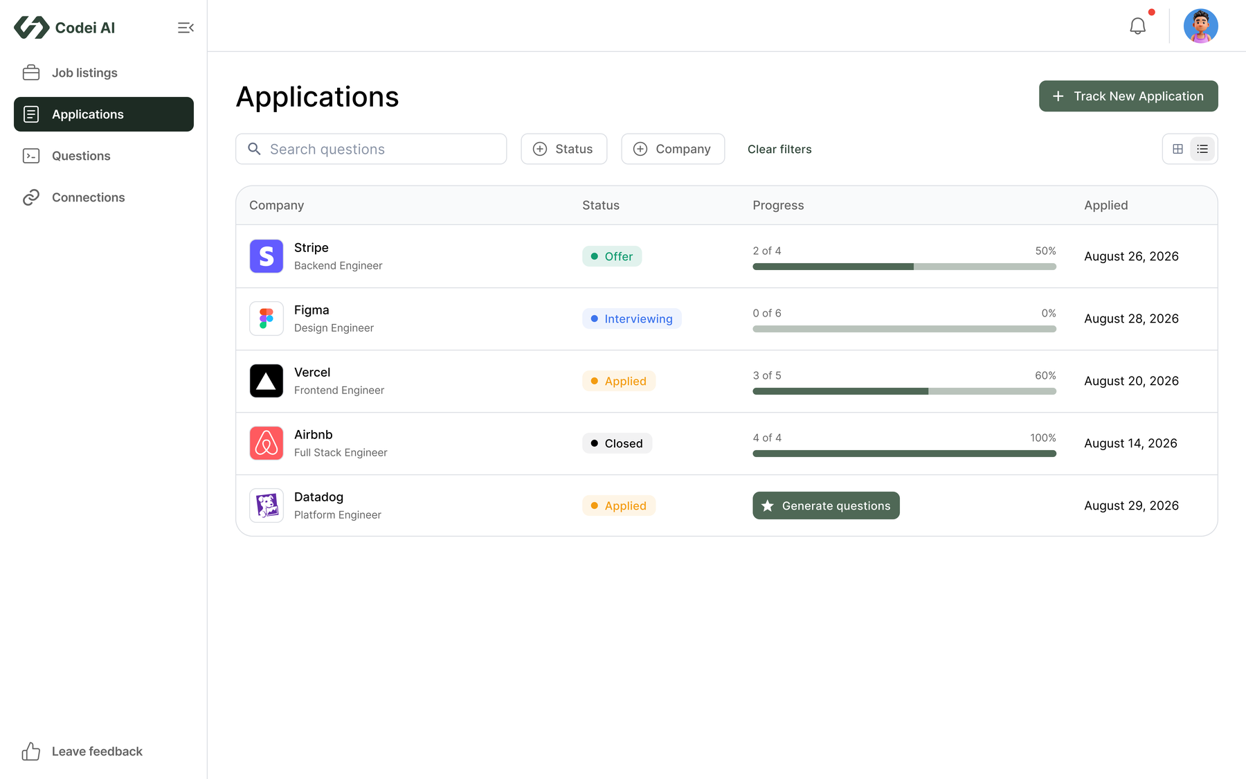 Codei applications dashboard listing tracked roles with status and question progress