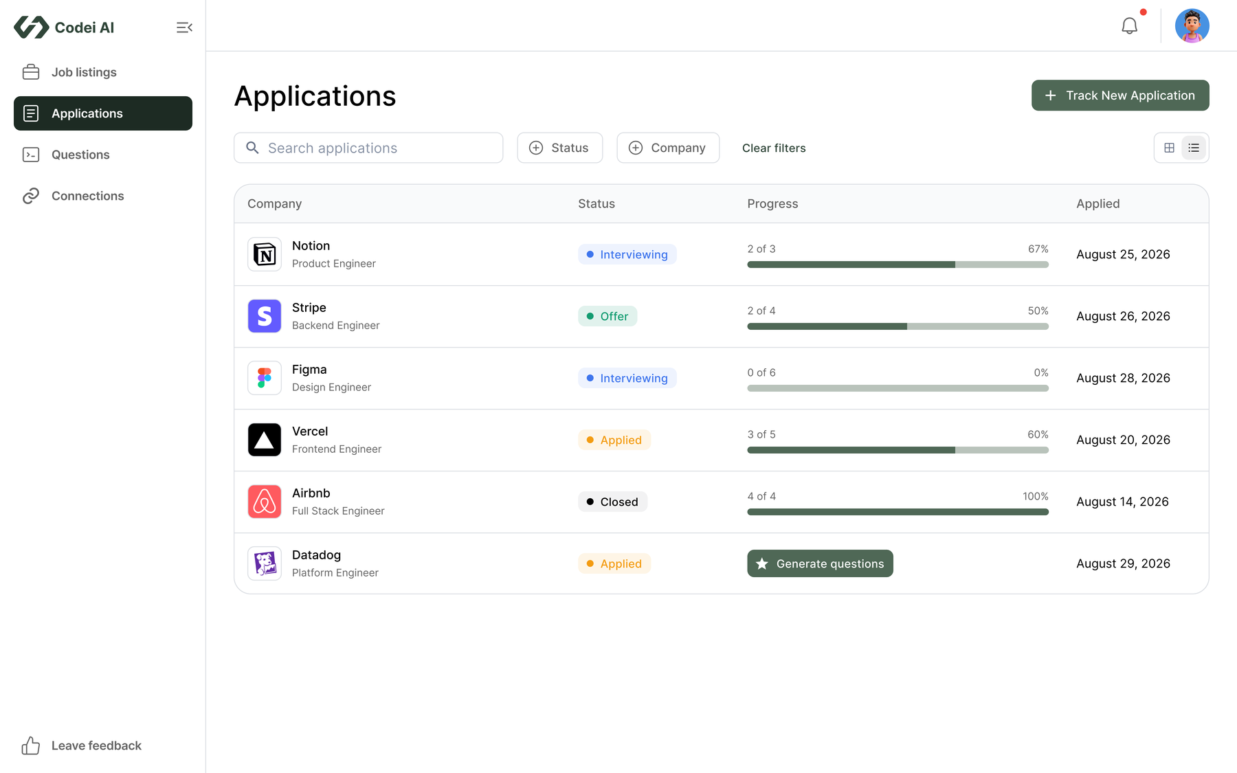 Applications list showing every tracked role with its status and question progress