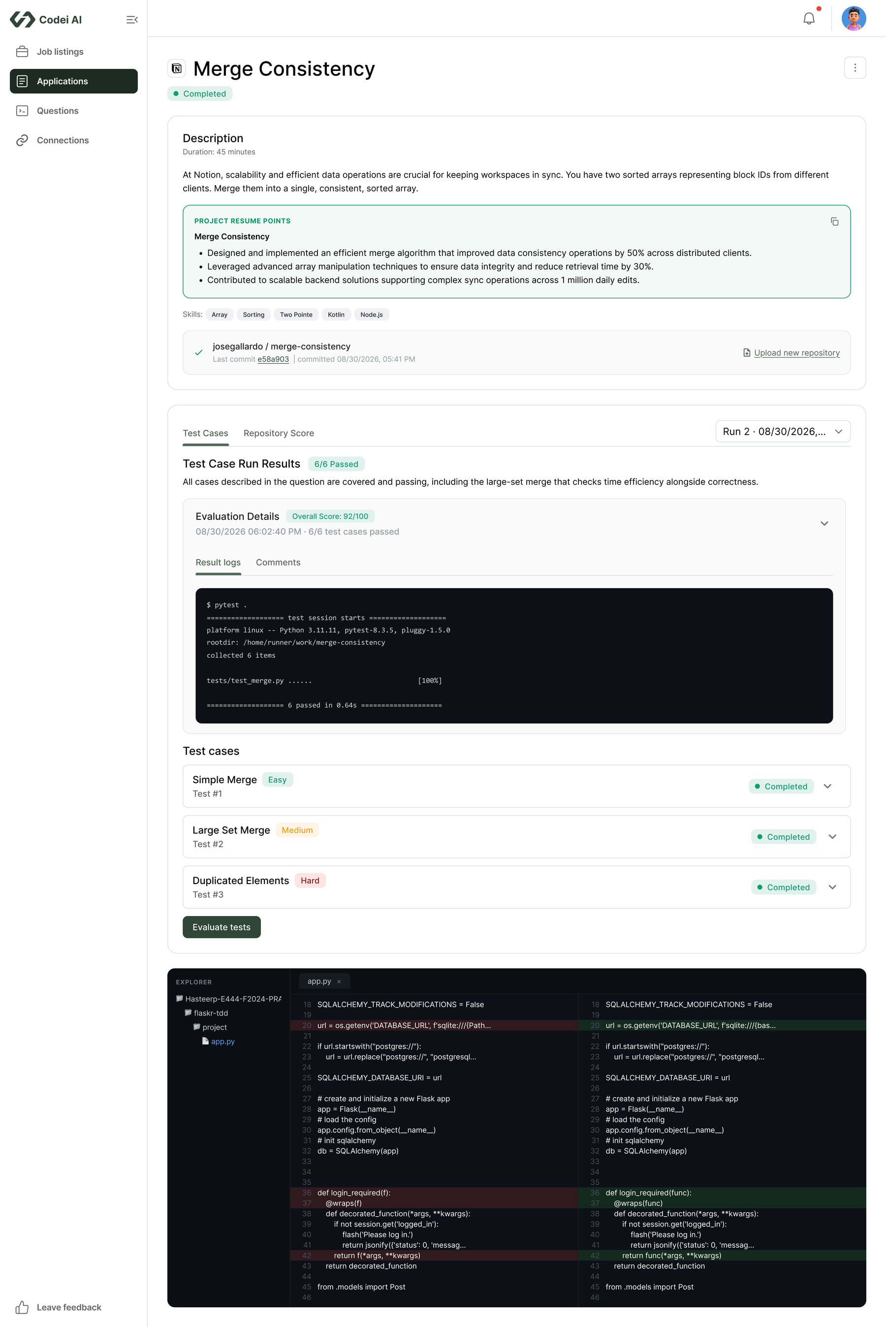 Completed evaluation showing the overall score, the passing test run log, and every test case marked complete