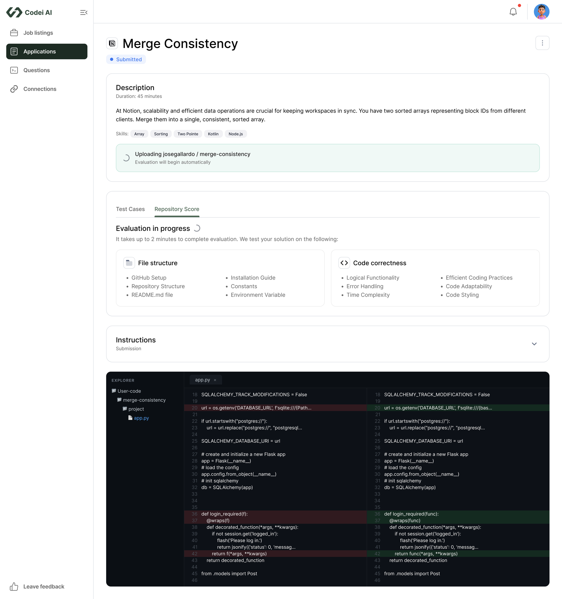 Submitted question showing evaluation in progress against the connected repository