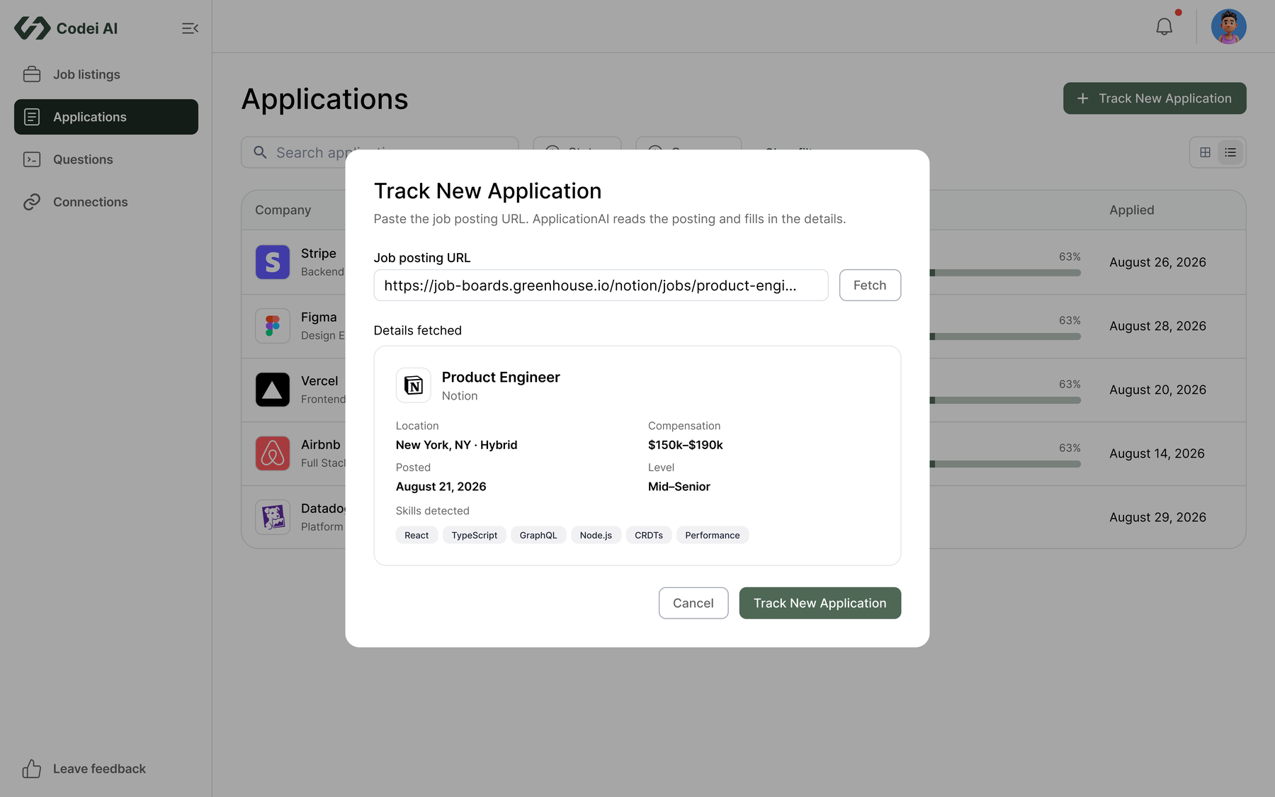 Track New Application modal reading a pasted job posting URL