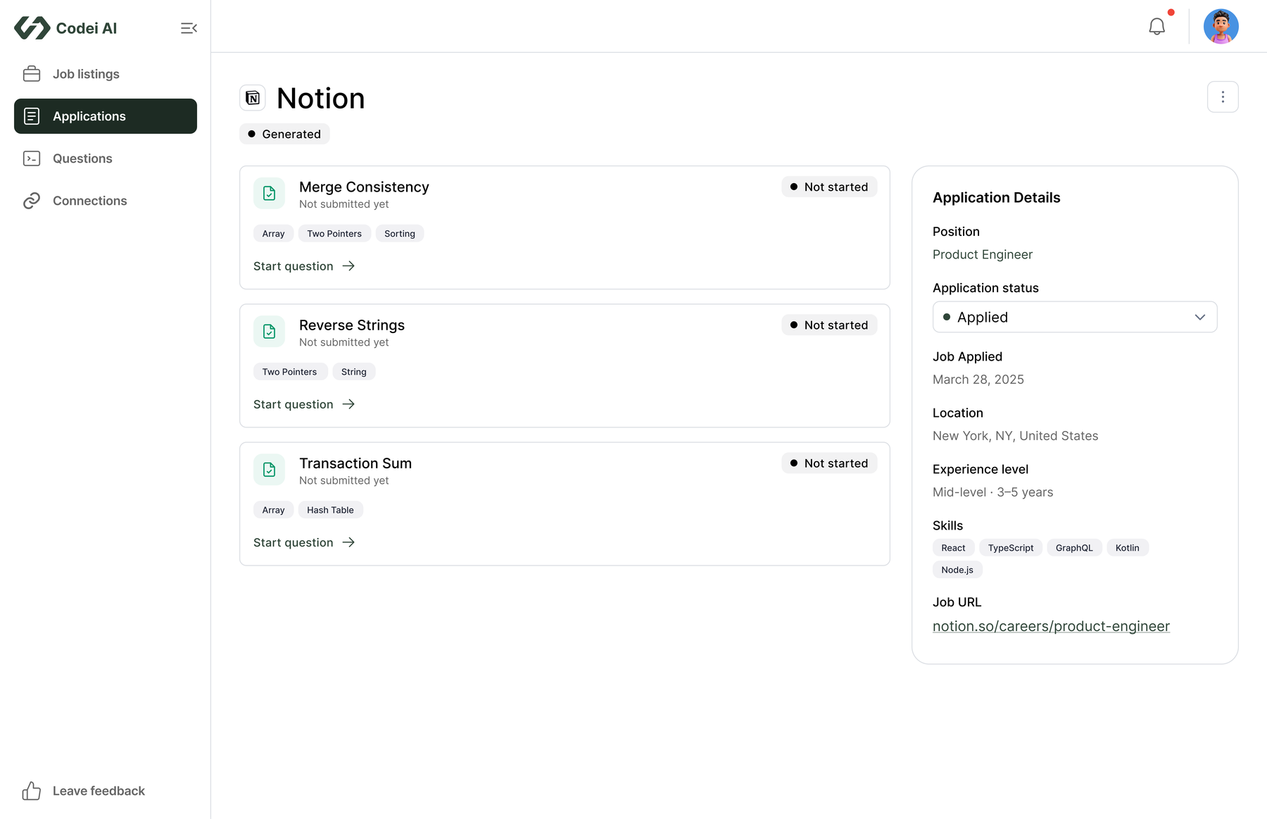 View Application showing generated questions beside the application details