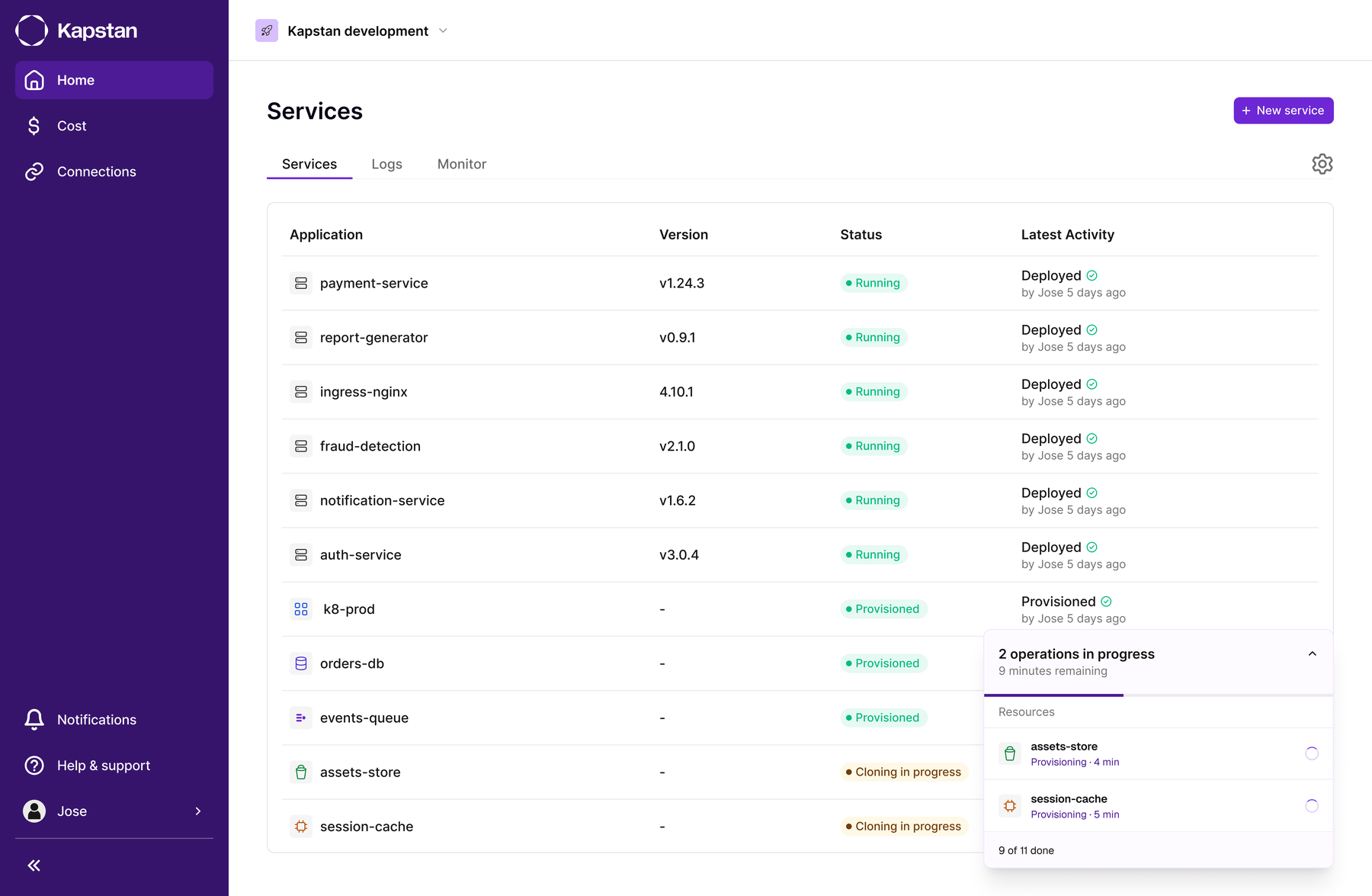 Services list for the new environment mid-clone, showing already-running services next to the ones still being provisioned, with a progress panel tracking each one