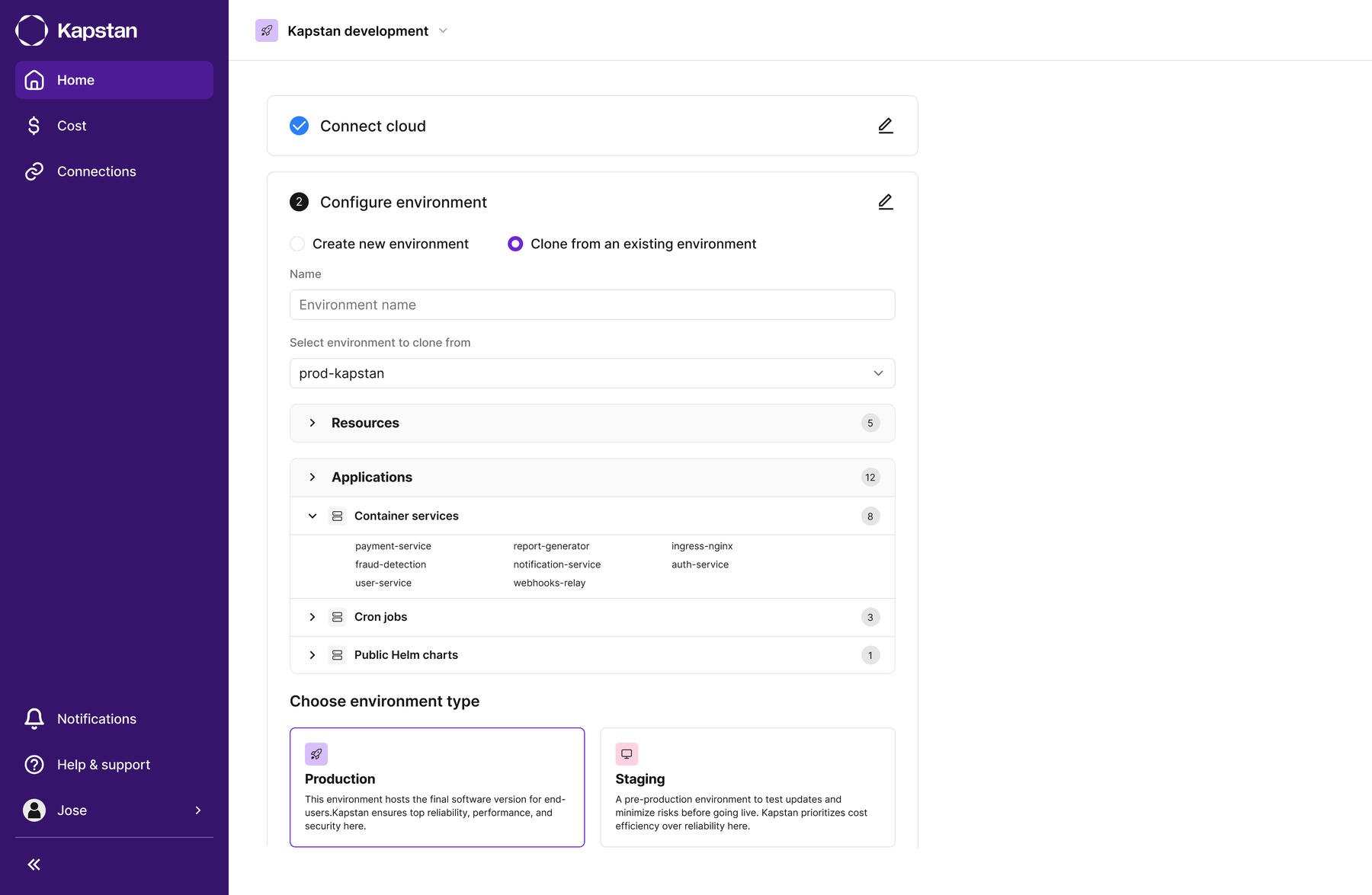 Clone environment panel showing resource and application preview