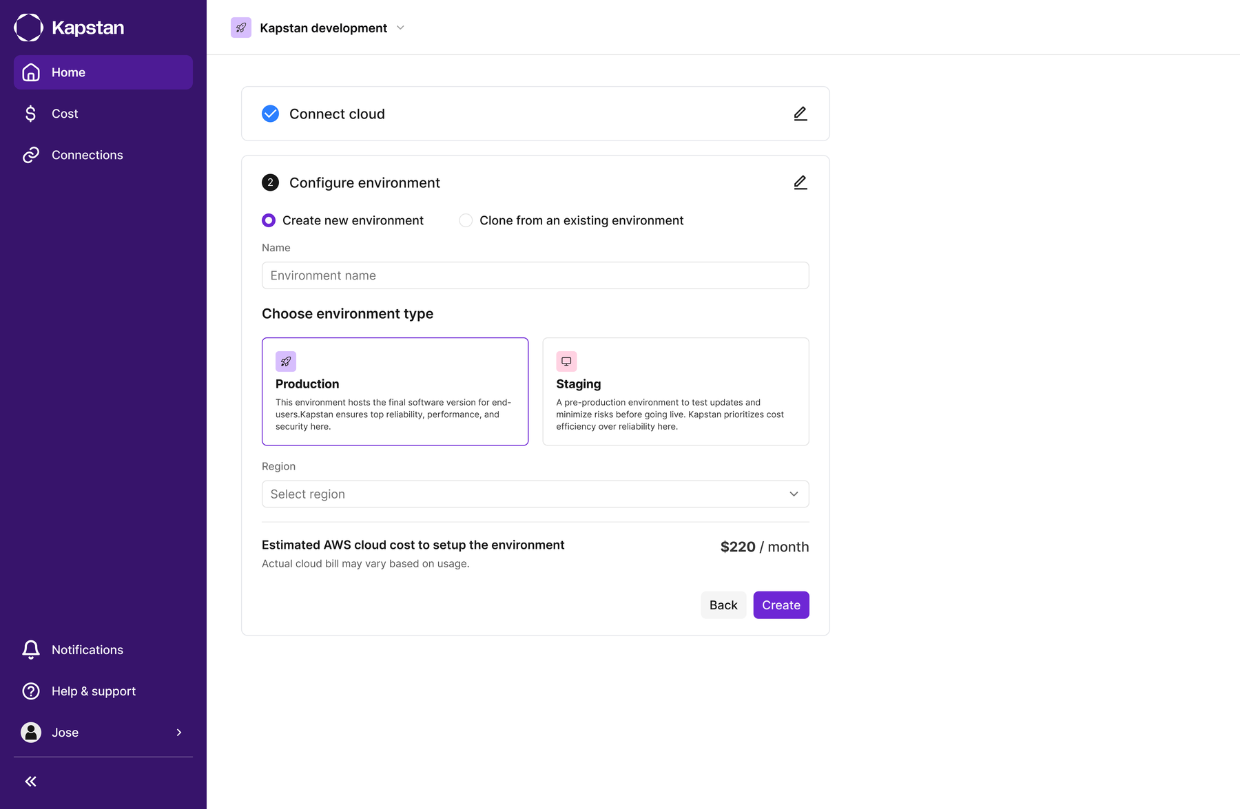 New environment form showing environment type selection