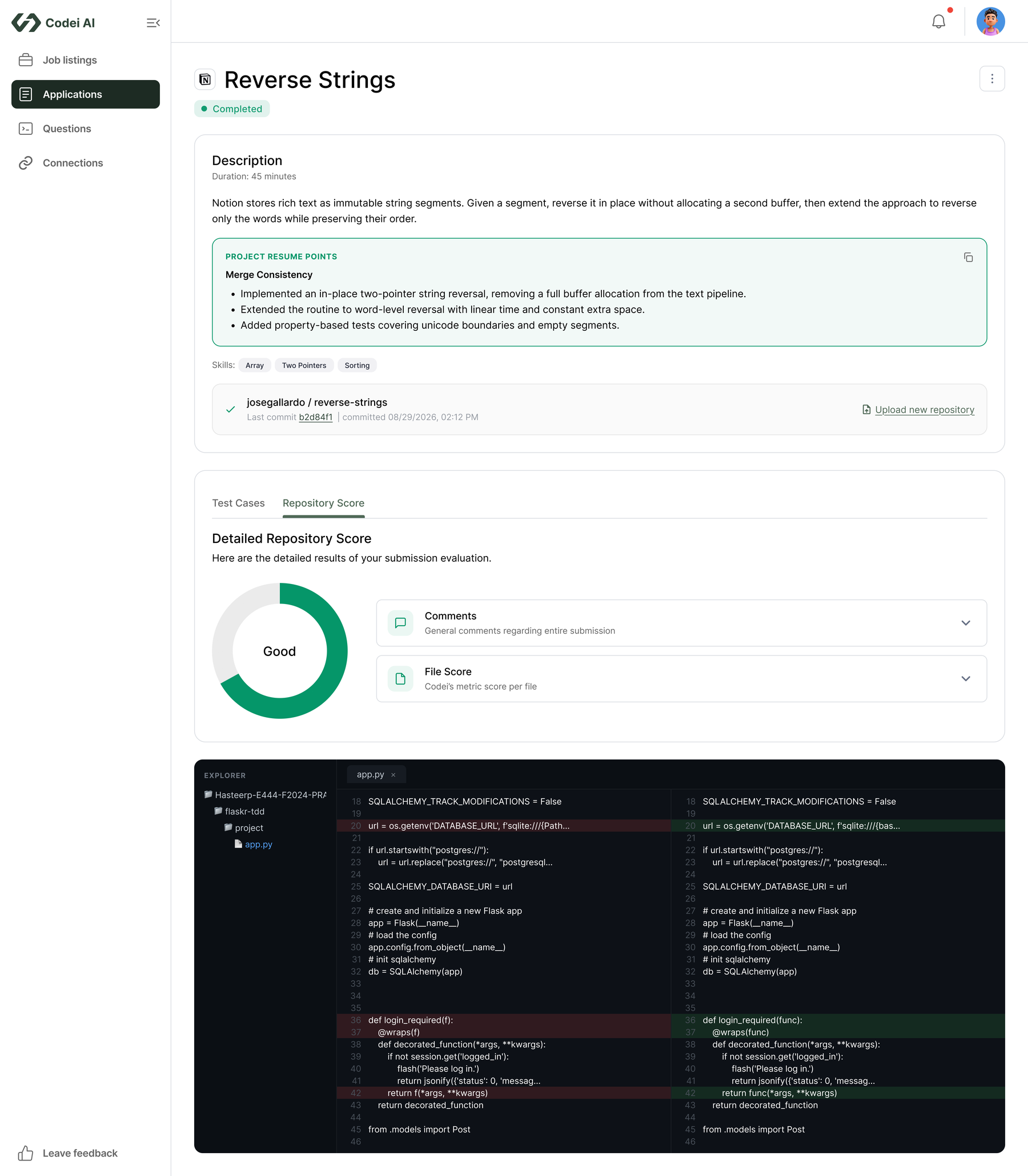 Completed question detail with a project resume points panel listing bullets with real numbers, ready to paste