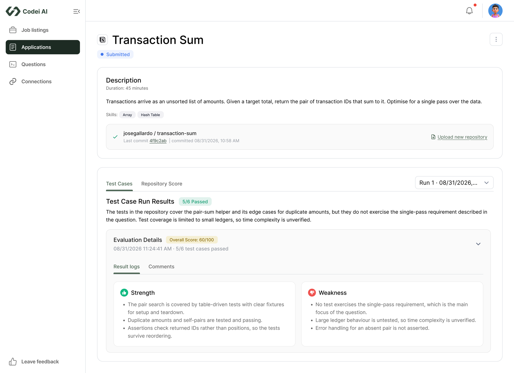 Expanded test case showing the written review comments alongside the same run
