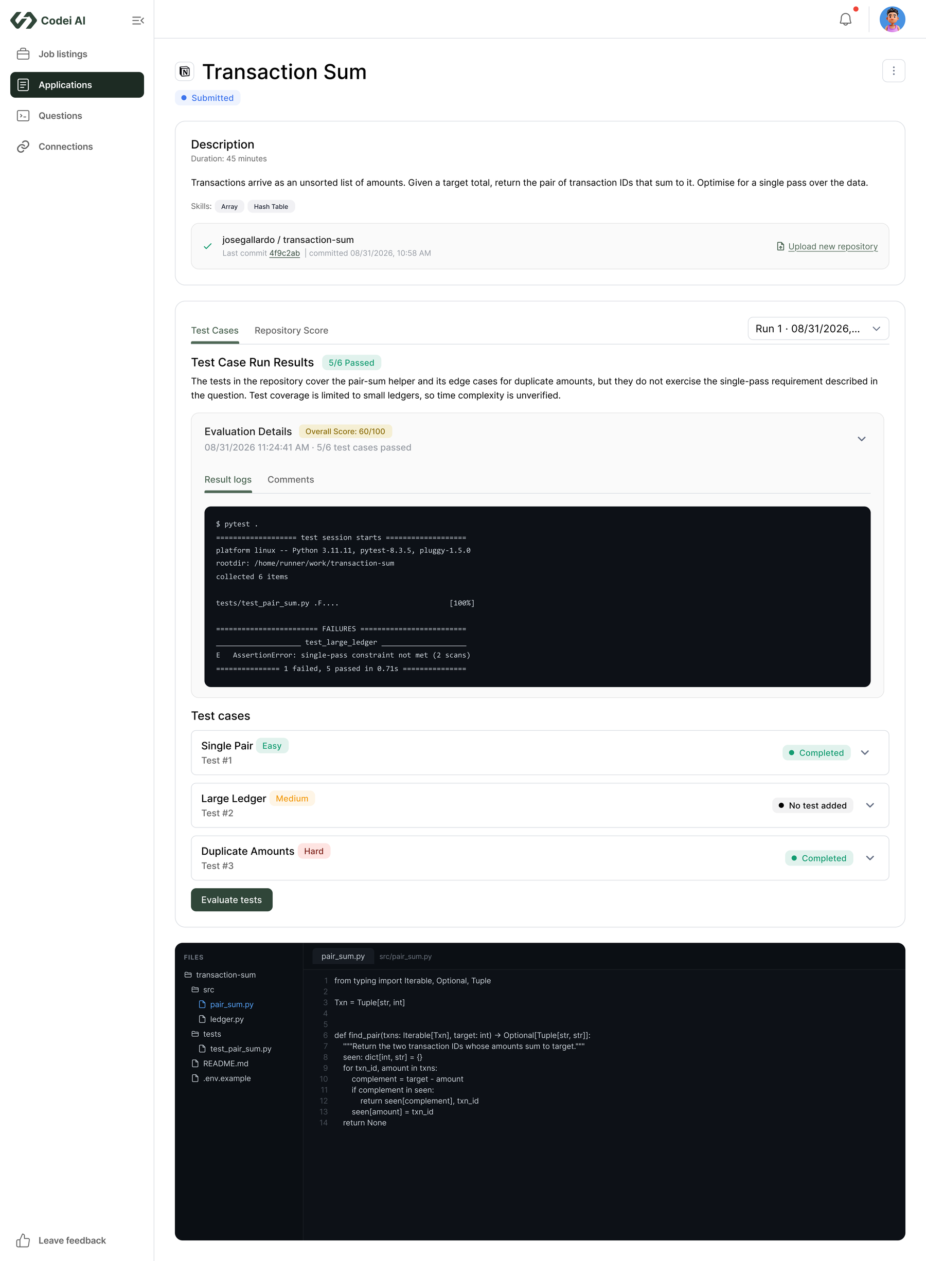 Expanded test case showing the raw run log, including the failing assertion and the pass count