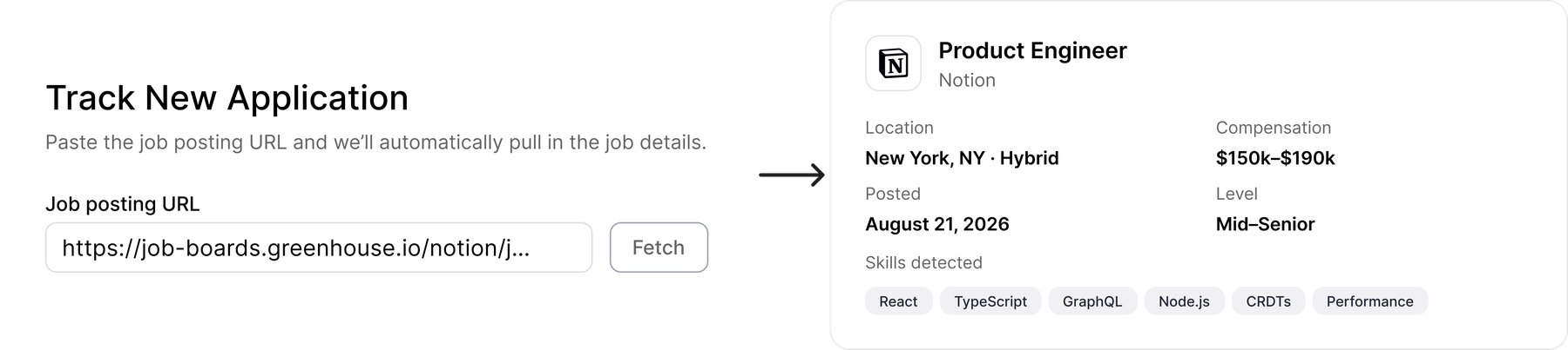 Pasting a job posting URL into the Track New Application modal, and the posting coming back as a structured application with detected skills
