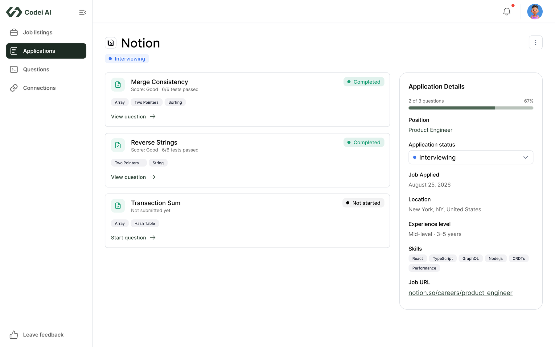 View Application showing the three generated questions beside the application details they belong to